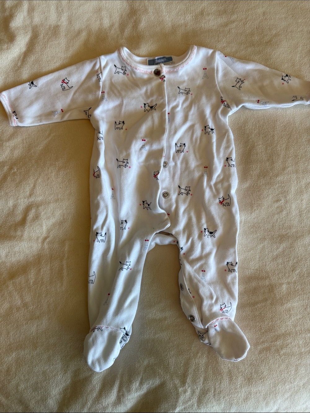 Baby Girls' White Footed One-Piece with cat Print